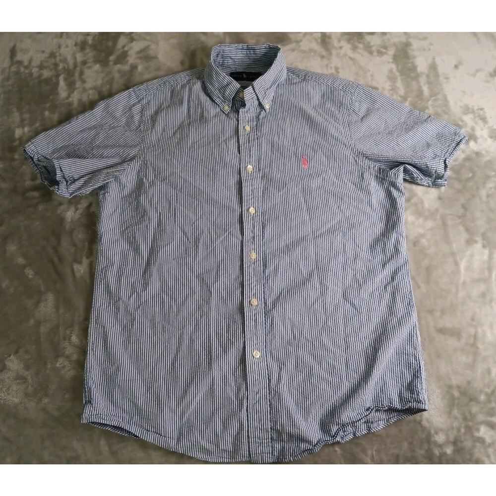 Polo Ralph Lauren Seersucker Button Down Shirt Short Sleeve Mens Medium Blue
